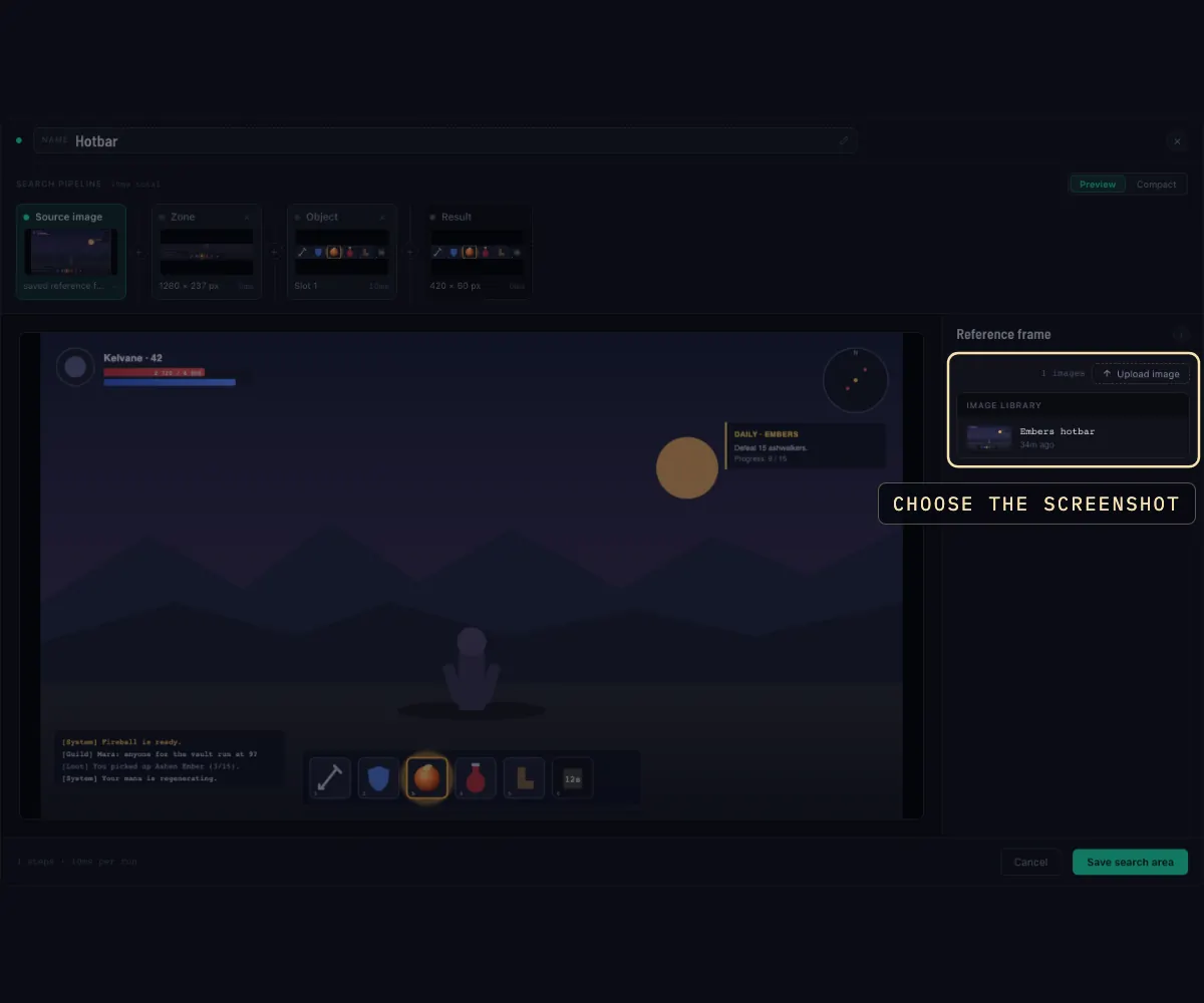 Five frames of the area editor: the screenshot chosen, a zone over the bottom third, the first slot found, the box grown across the bar, and the result