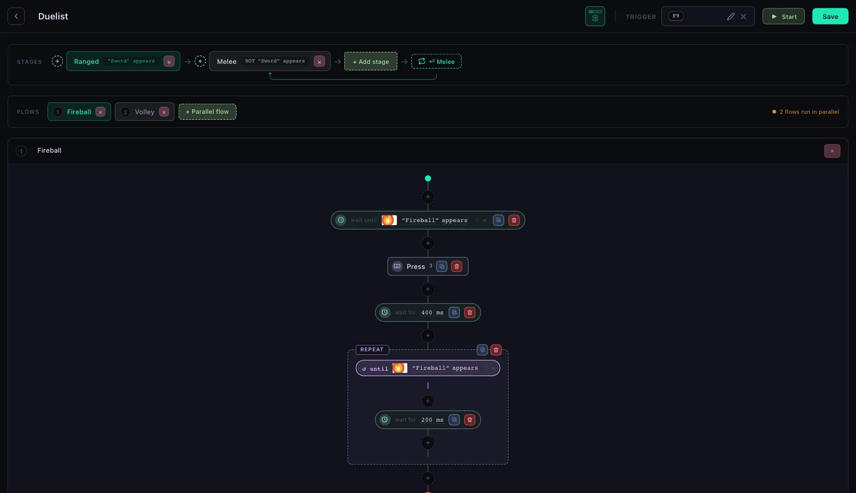 The macro editor: back, name, run mode, trigger, Start and Save in the header; the stage band with + Add stage and the next-stage box; the flow tabs with + Parallel flow; the flow's name; and the flow's rail of steps