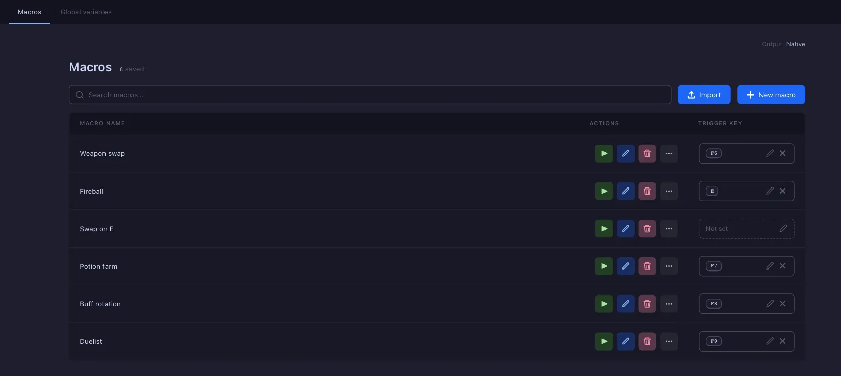 The macro list: the Global variables tab, the output mode, search, Import, New macro, and on the first row its name, Start, Edit, Delete, the more menu and the trigger key