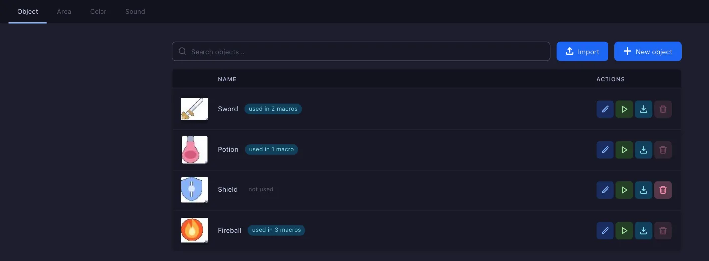 The Object tab of the Targets screen: the four tabs, search, Import, New object, and on the first row its usage, Edit, Check, Export and Delete