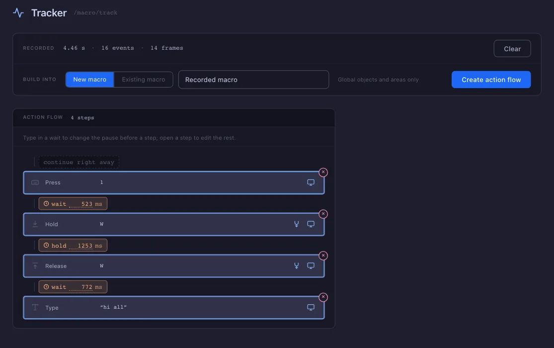 A finished recording: the counts, Clear, New or Existing macro, the macro name, Create action flow, a step, a wait, and on one step the merge, screens and delete buttons