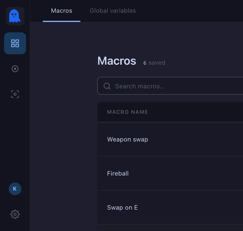 The app's sidebar with five buttons: Macros, Tracker, Targets, the account, Settings