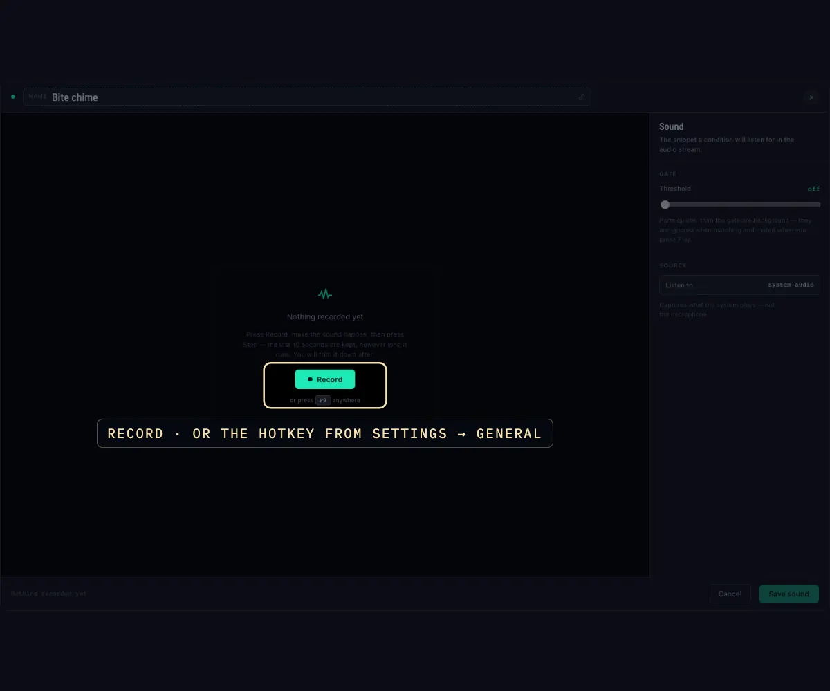Five frames of the sound editor: the empty editor with its Record button, a recording in progress, the take with the chime in it, the window trimmed to the chime, and the threshold raised so the room tone greys out