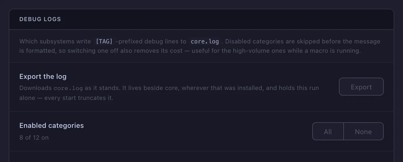 The Debug logs section: the export button and the enabled-categories switch