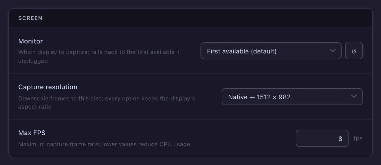 The Screen tab: monitor, capture resolution and max FPS