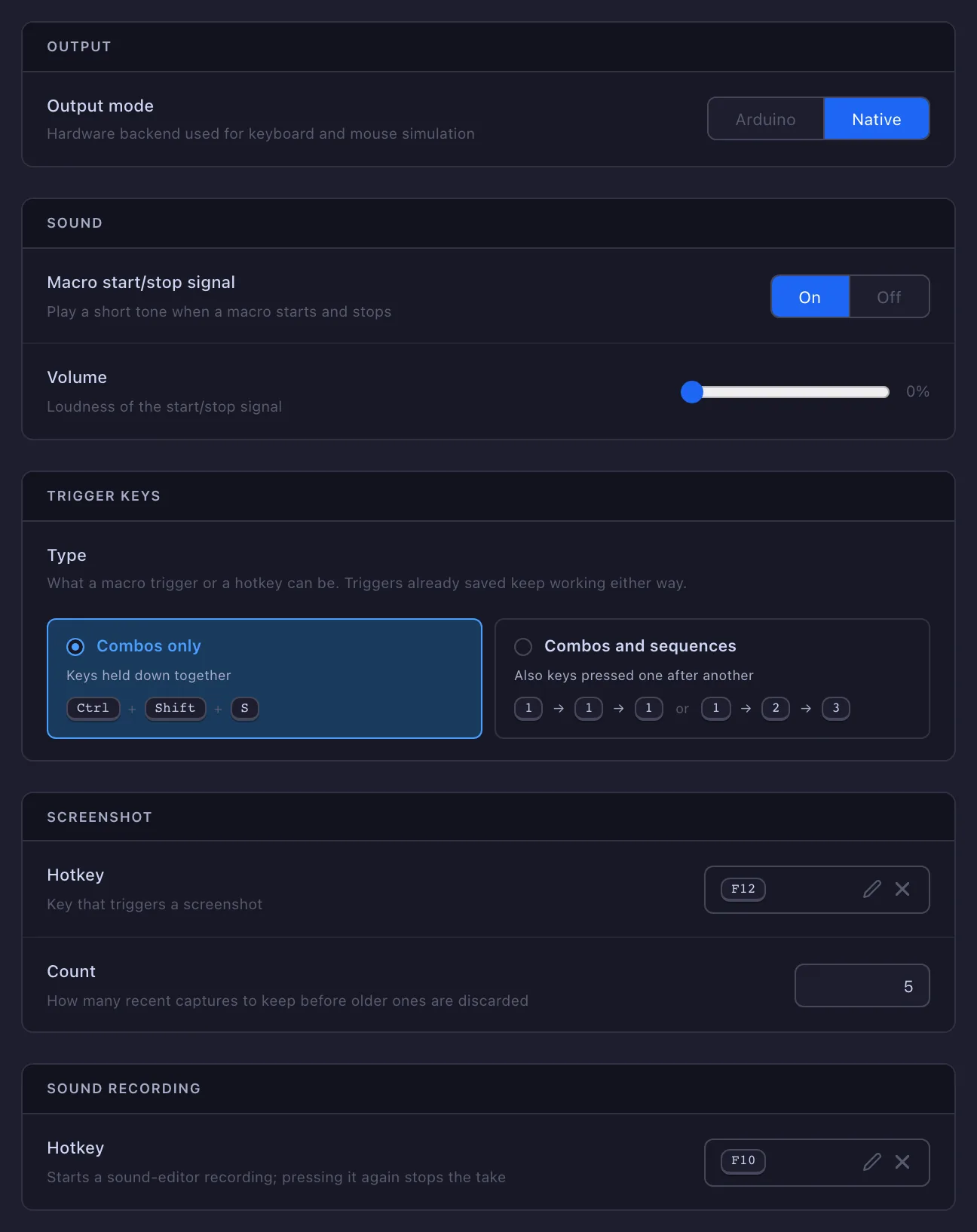 The General tab: Output mode, the start/stop sound, the trigger-key type, the screenshot hotkey and count, and the sound-record hotkey
